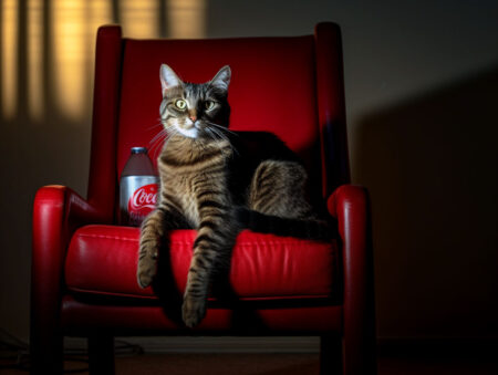 Cat on a chair, drinking a coke