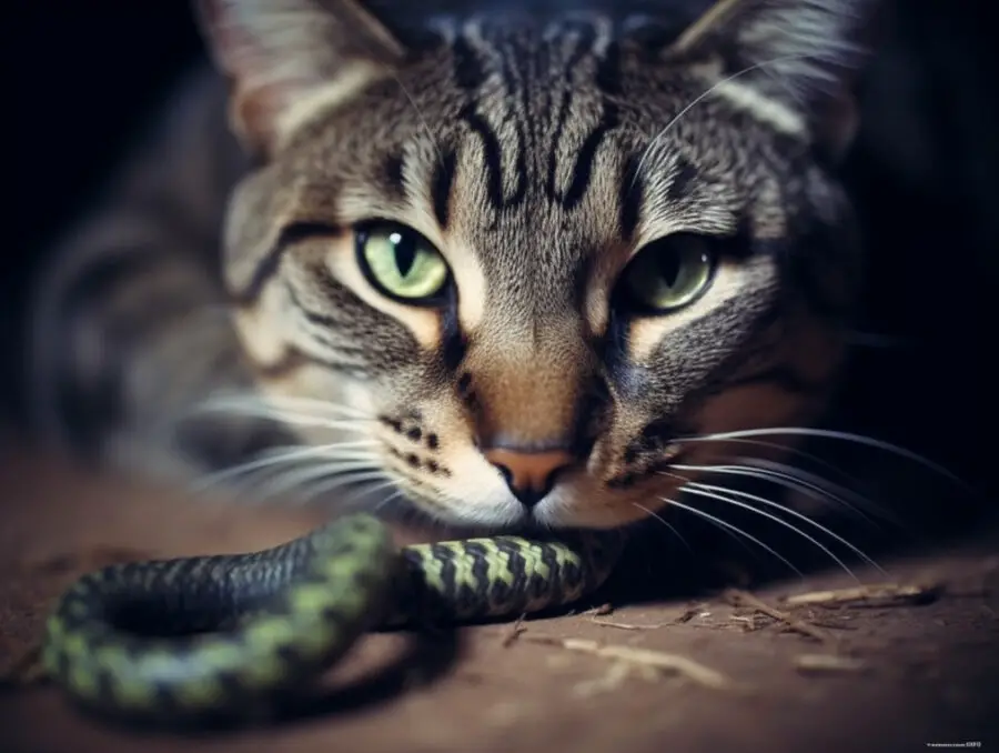 Cat eating a snake