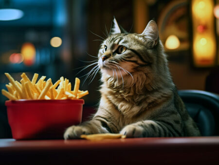 Cat and french fries -- looking away