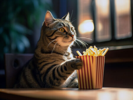 Cat loves fries -- they're his!
