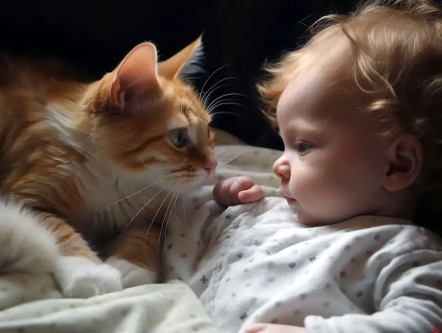 Cat looking over a baby