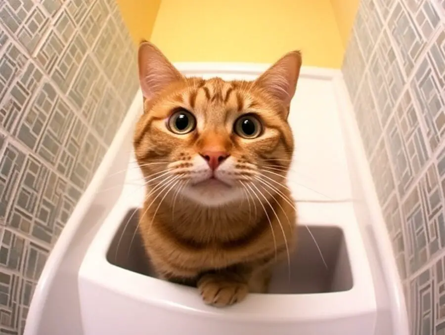 Cat ready to pee, in the bathroom