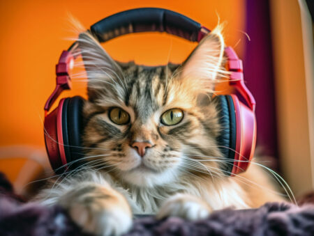 Cat with a red headphone on, listening to music