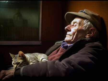 Cat resting on an old man with a hat