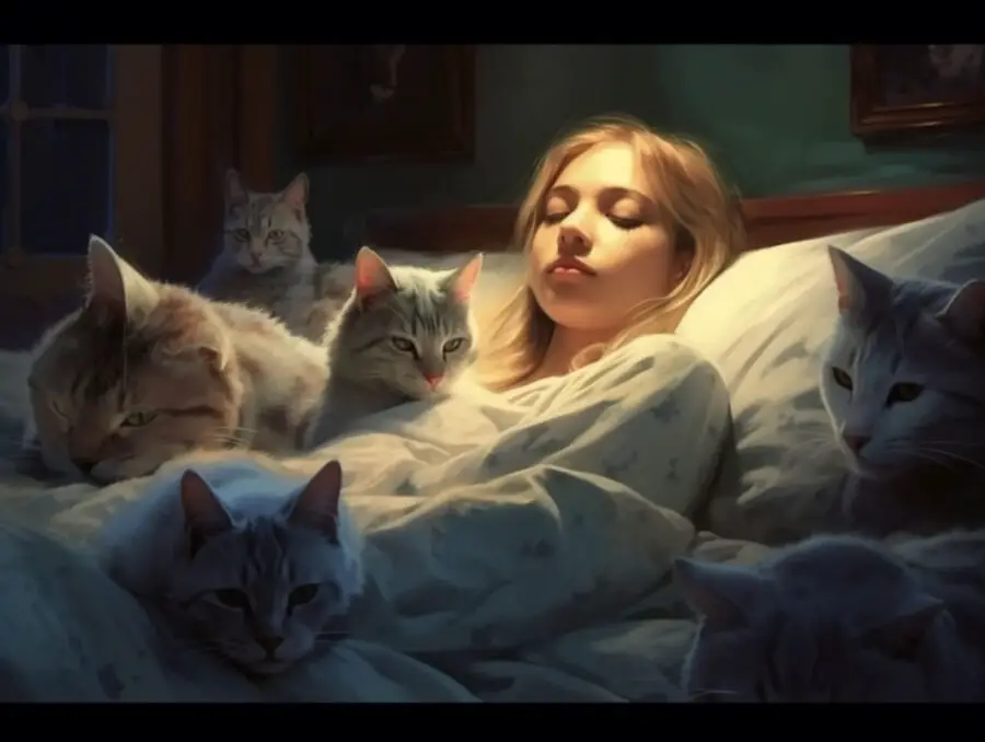 Many cats sleeping on a woman