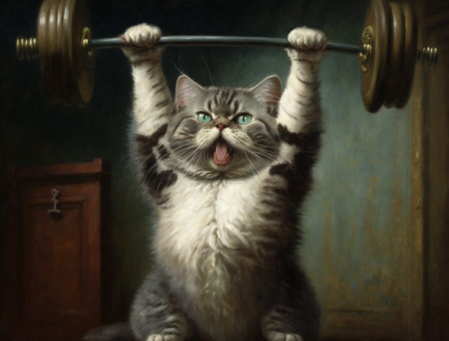 Cat holding a barbell over his head