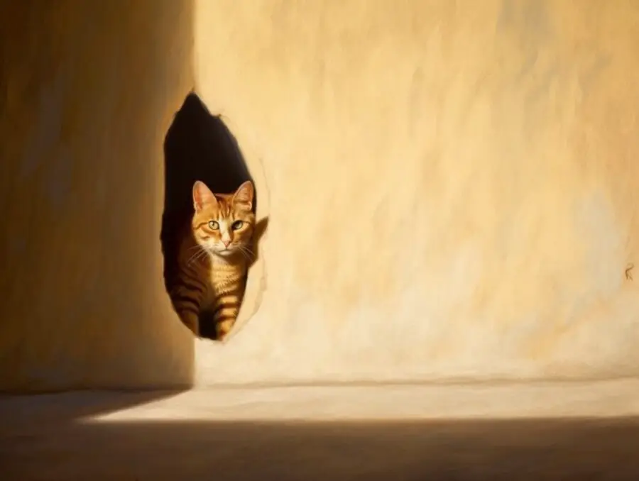 Cat looking out of a yellow wall