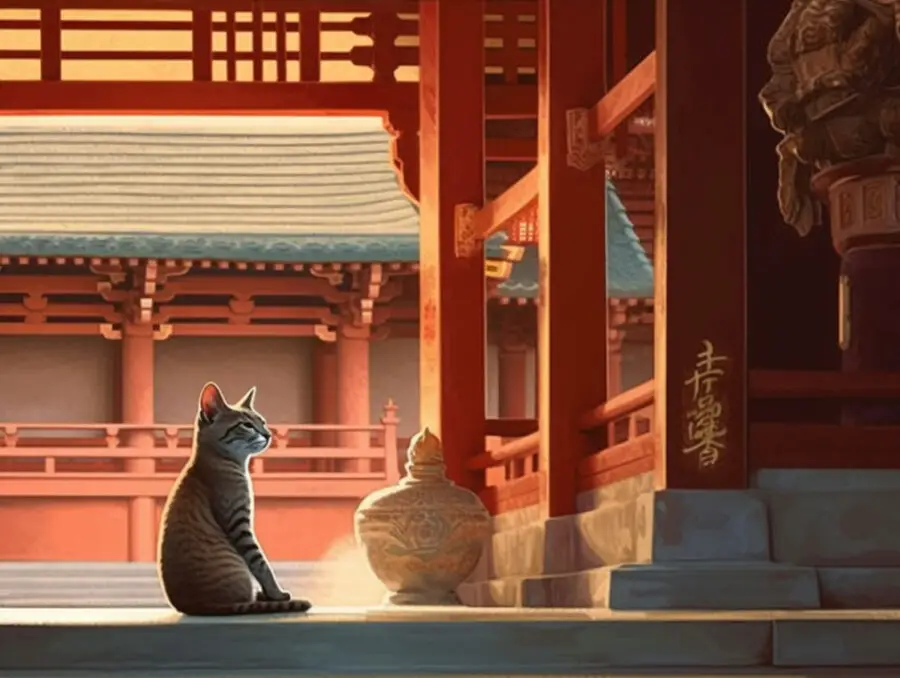 Cat outside Buddhist temple