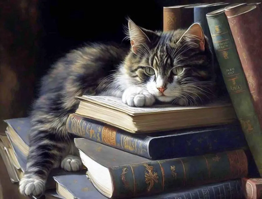 Cats sleeping on some books